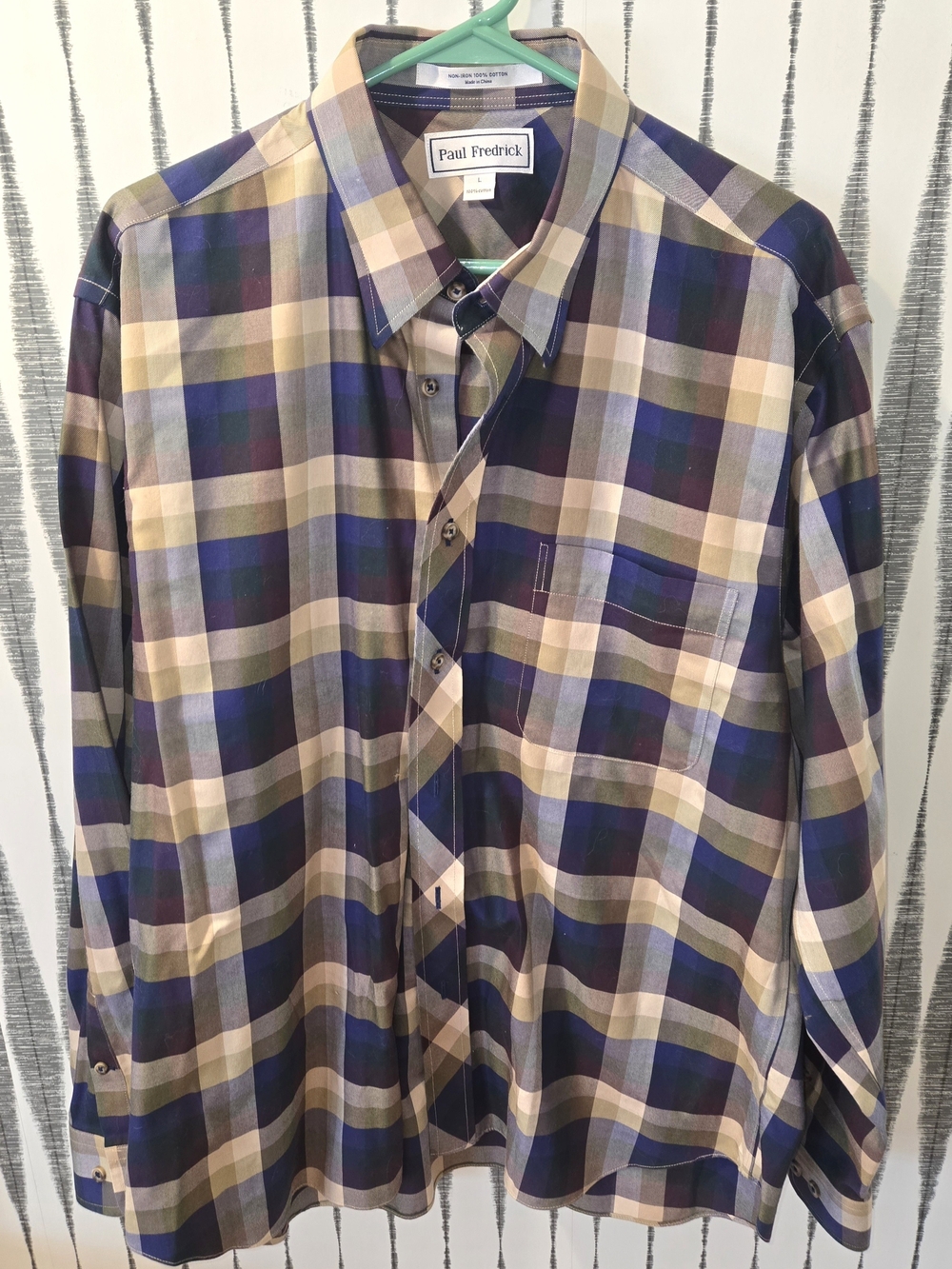 Paul Fredrick Men’s Plaid Button-Down Shirt in Blue and Tan